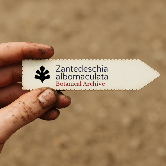 Printed plant label for Zantedeschia albomaculata held by dirty hand outdoors