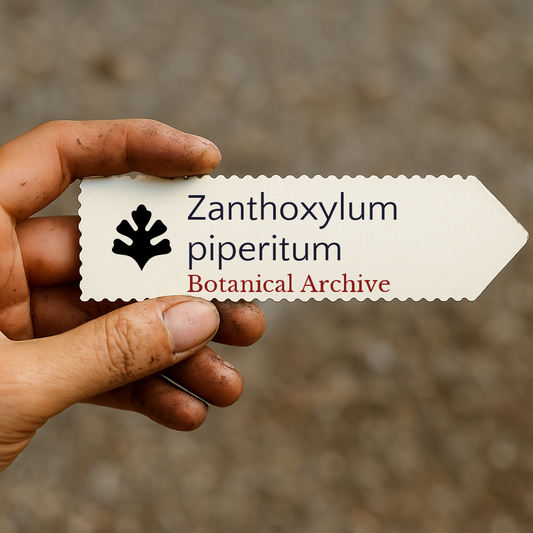Printed plant label for Zanthoxylum piperitum held by a dirt-covered hand outdoors