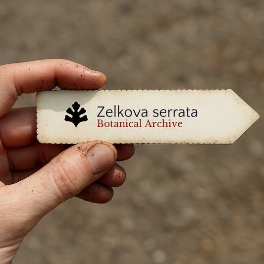 Printed plant label for Zelkova serrata with botanical archive logo held by dirty hand