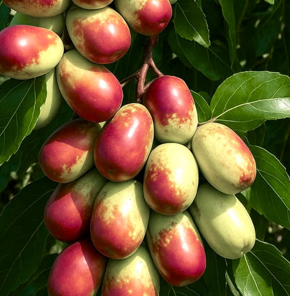 Ziziphus jujuba ripe and unripe oval fruits with glossy green leaves on branch