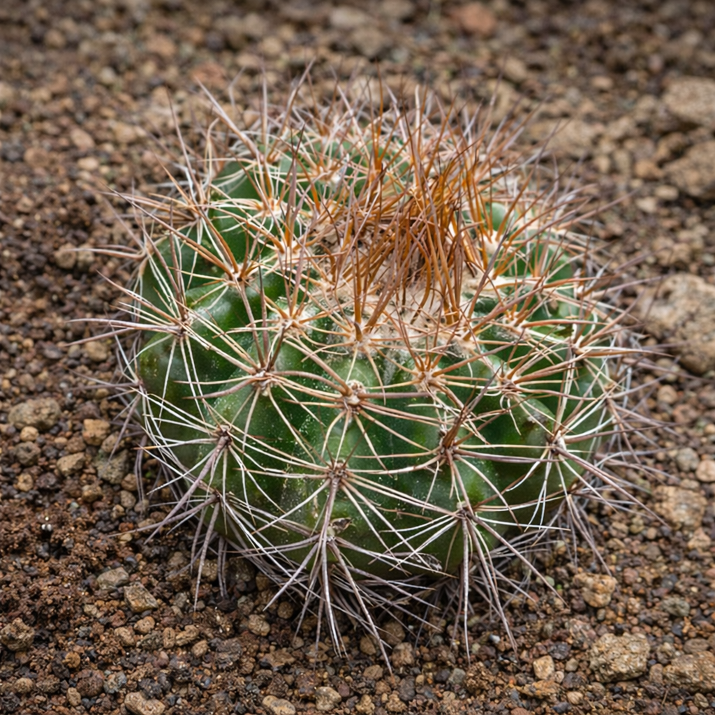 Parodia tarabucina cactus with dense long orange and white spines on rocky soil