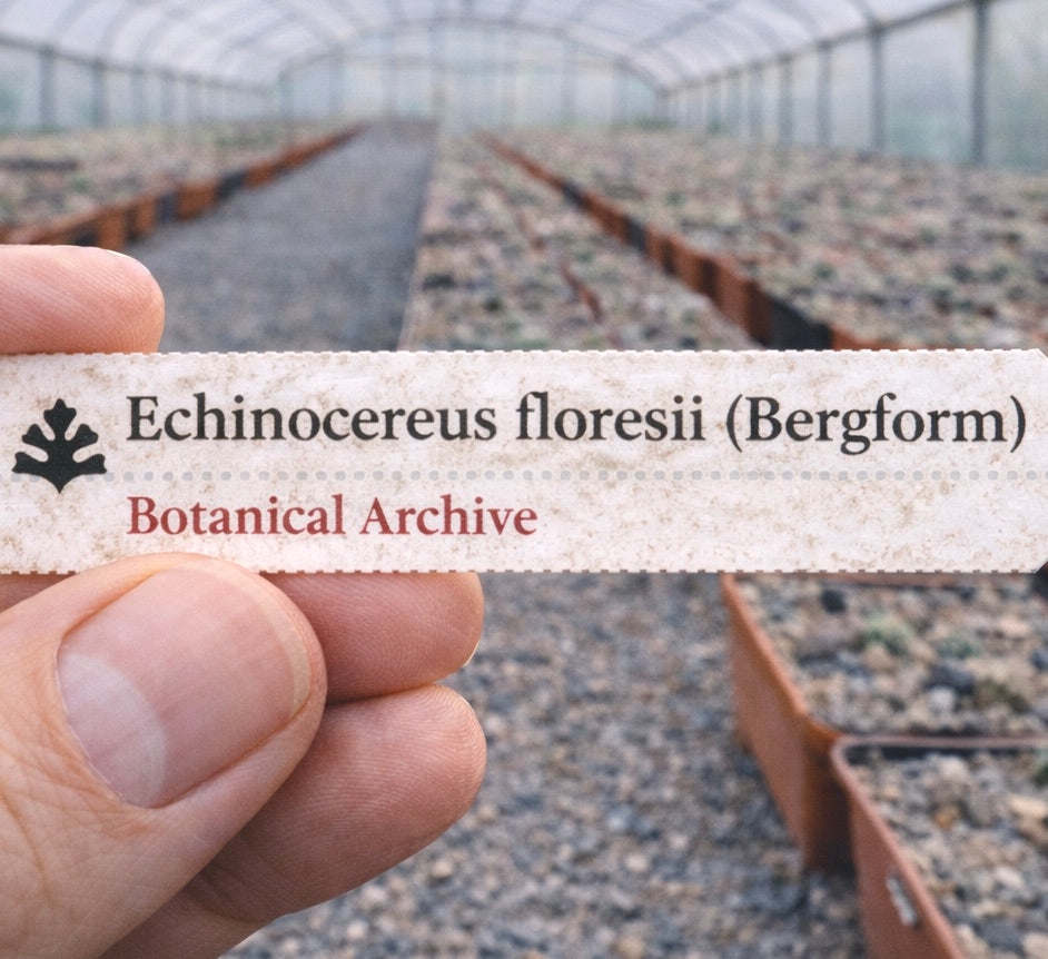 Printed plant label for Echinocereus floresii (Bergform) held in greenhouse setting
